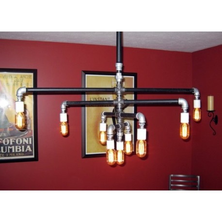 Suspension chandelier design industriel en tube métallique 9 ampoules